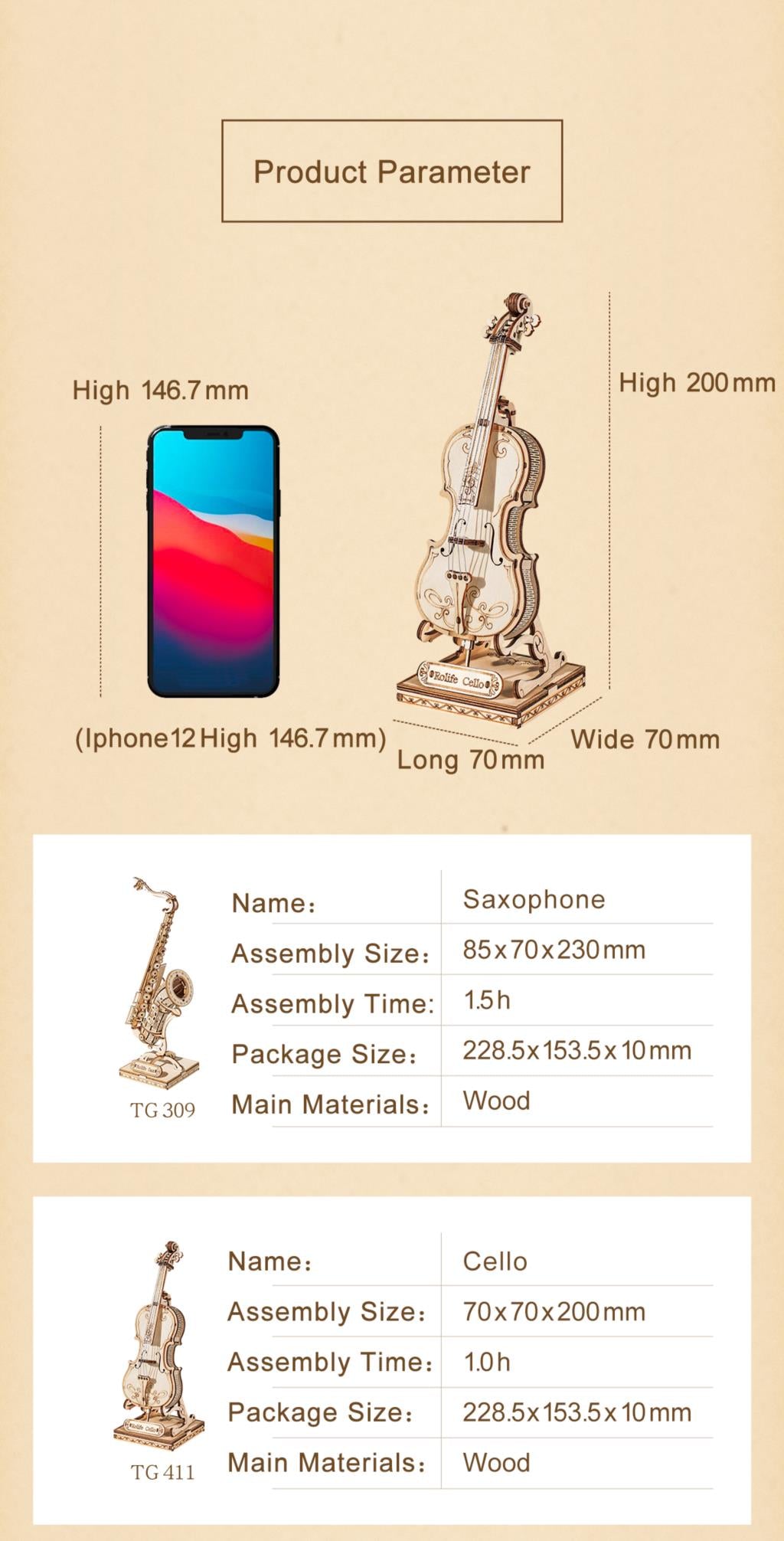 Robotime Rolife 3D Wooden Puzzle Musical Instrument Saxophone Drum Accordion Cello - EzMart, Easy Life!